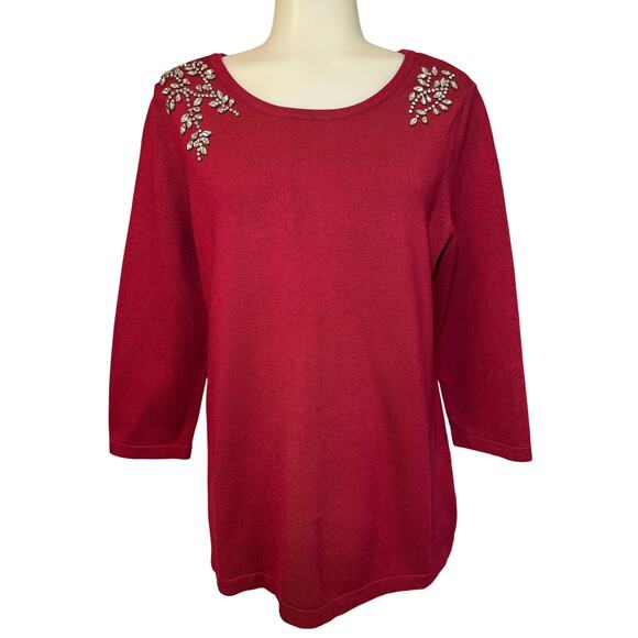 Chico's Red Round Neck Embellished Stretch Tight Knit Pullover Top Size 1 US 8 - Picture 1 of 9